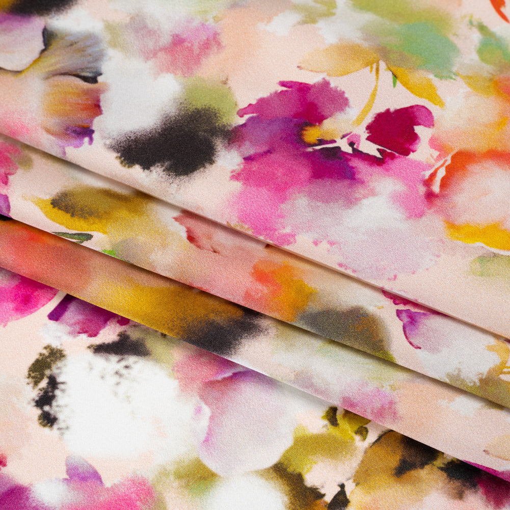 Silk Charmeuse Print 16MM, Made in Italy - Peach, Olive Green and Fuchsia Abstracted Watercolor Flowers