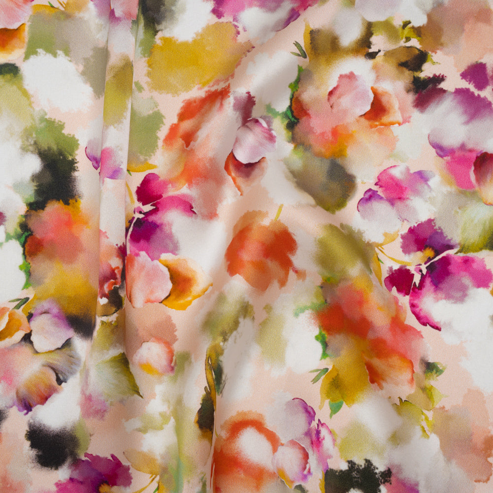 Silk Charmeuse Print 16MM, Made in Italy - Peach, Olive Green and Fuchsia Abstracted Watercolor Flowers