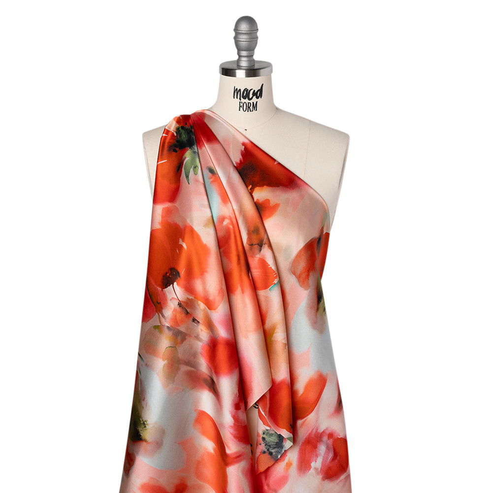 Silk Charmeuse Print 16MM, Made in Italy - Red and Pink Soft Watercolor Florals