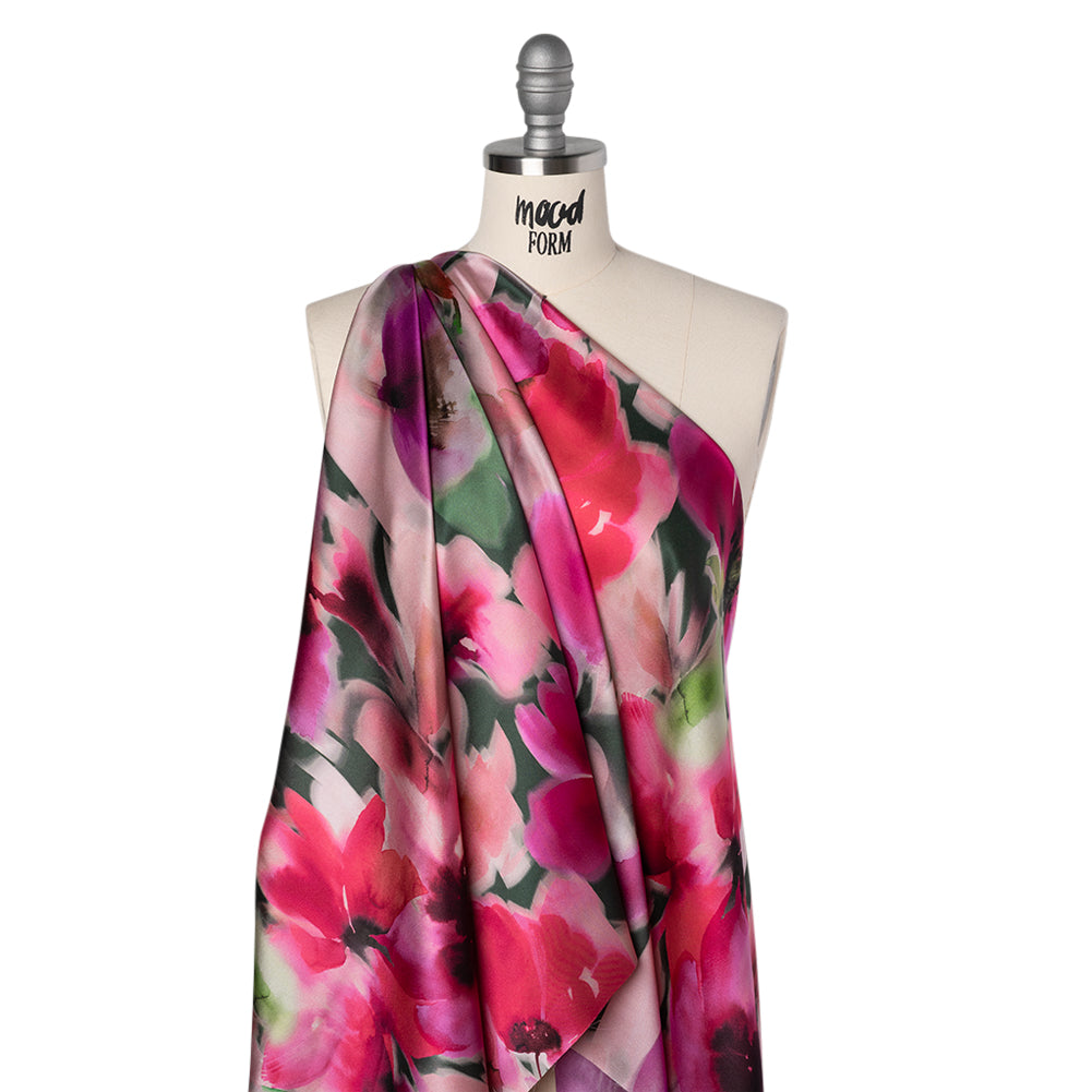 Silk Charmeuse Print 16MM, Made in Italy - Hot Pink and Forest Green Soft Watercolor Florals