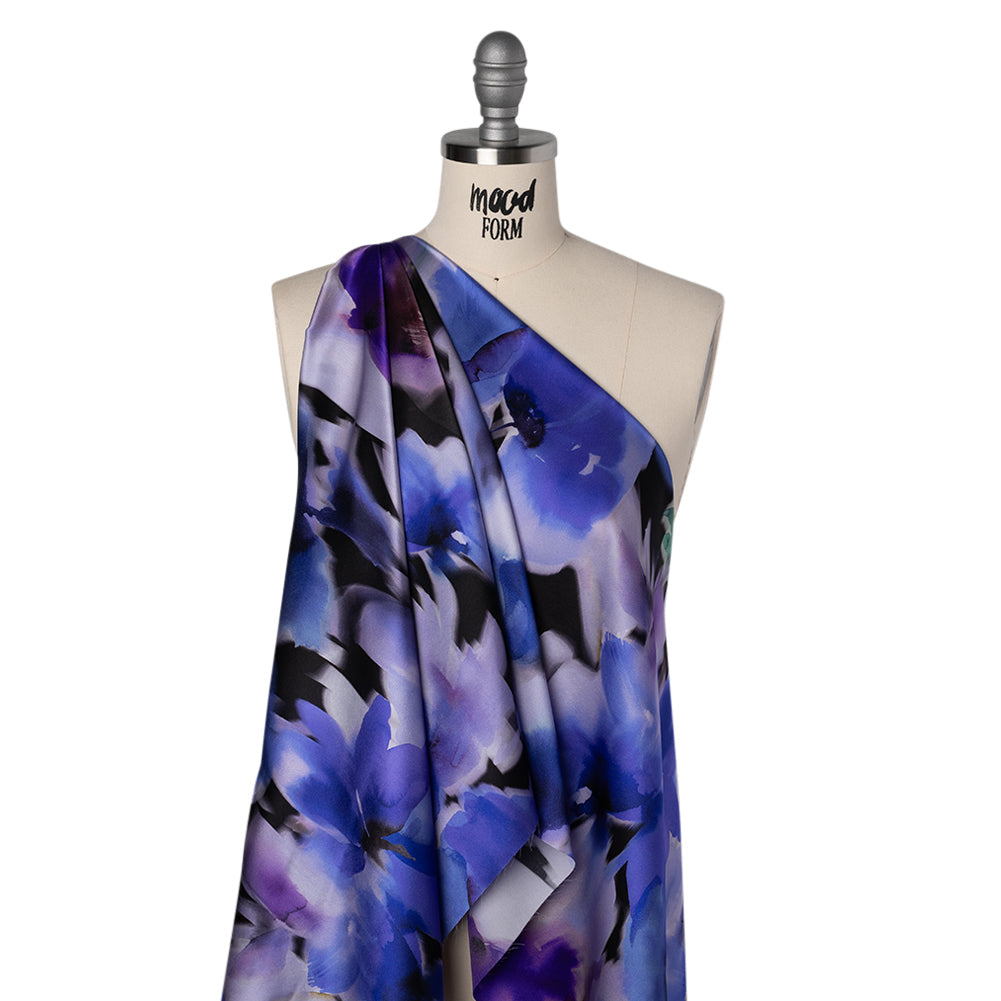 Silk Charmeuse Print 16MM, Made in Italy - Ultramarine Blue and Lilac Soft Watercolor Florals