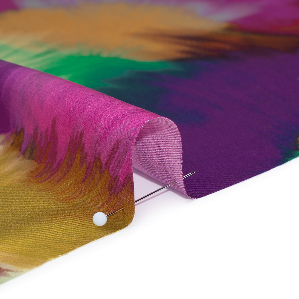 Silk Charmeuse Print 16MM, Made in Italy - Fuchsia, Ochre and Blue Painted Bursts