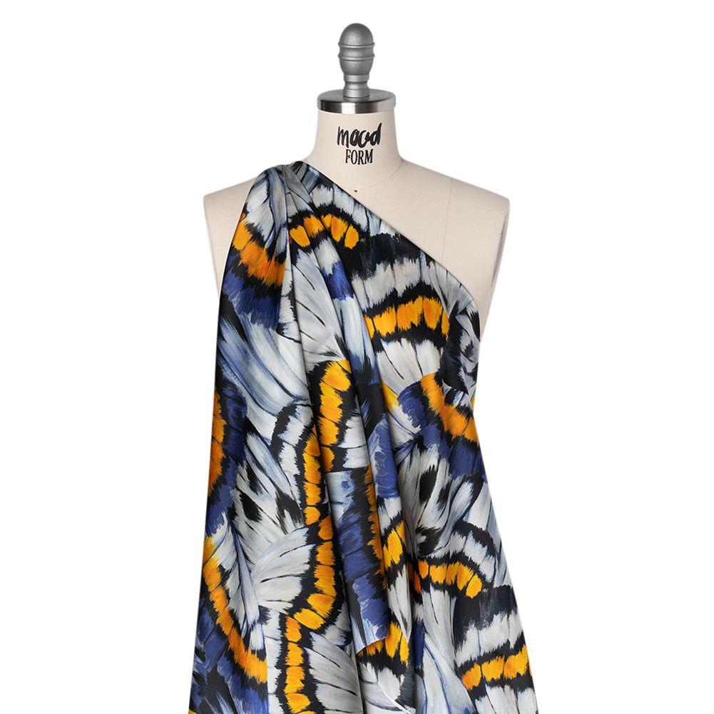 Silk Charmeuse Print 16MM, Made in Italy - Golden Yellow, Navy Blue and Light Gray Butterfly Wings