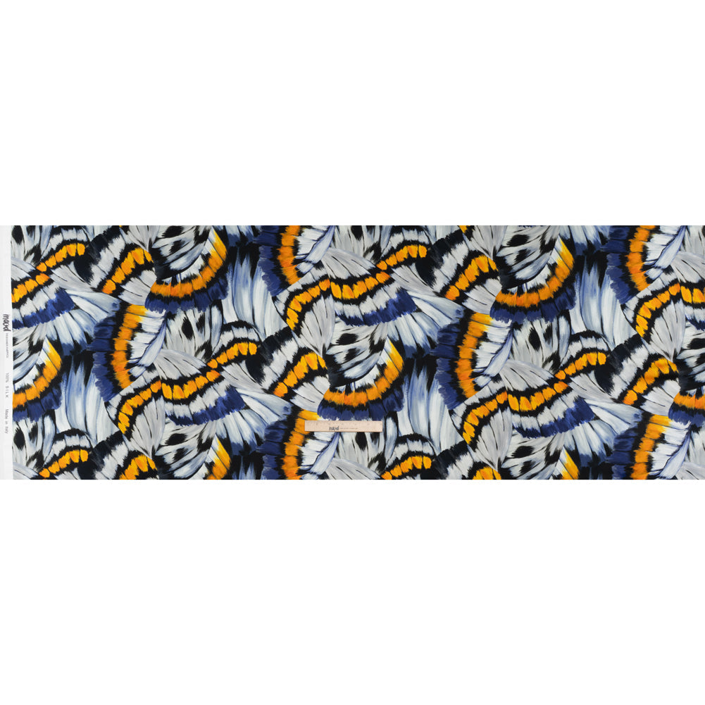 Silk Charmeuse Print 16MM, Made in Italy - Golden Yellow, Navy Blue and Light Gray Butterfly Wings