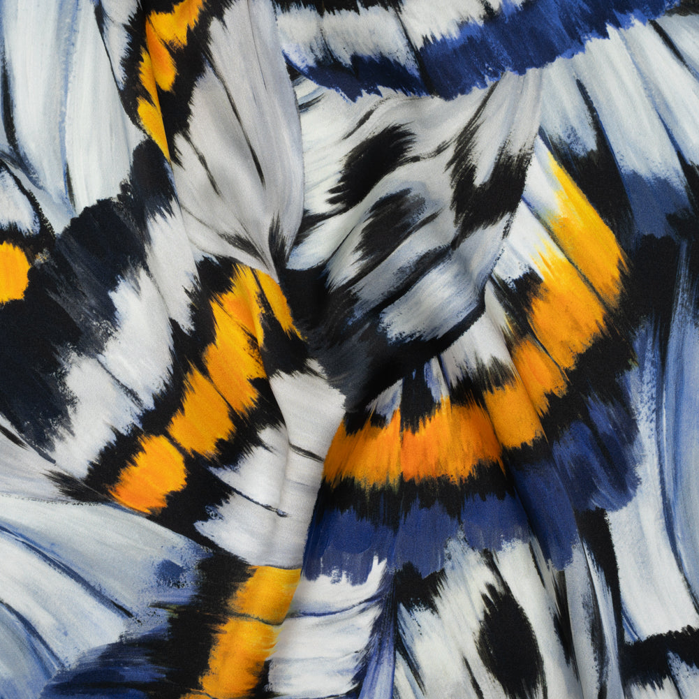 Silk Charmeuse Print 16MM, Made in Italy - Golden Yellow, Navy Blue and Light Gray Butterfly Wings