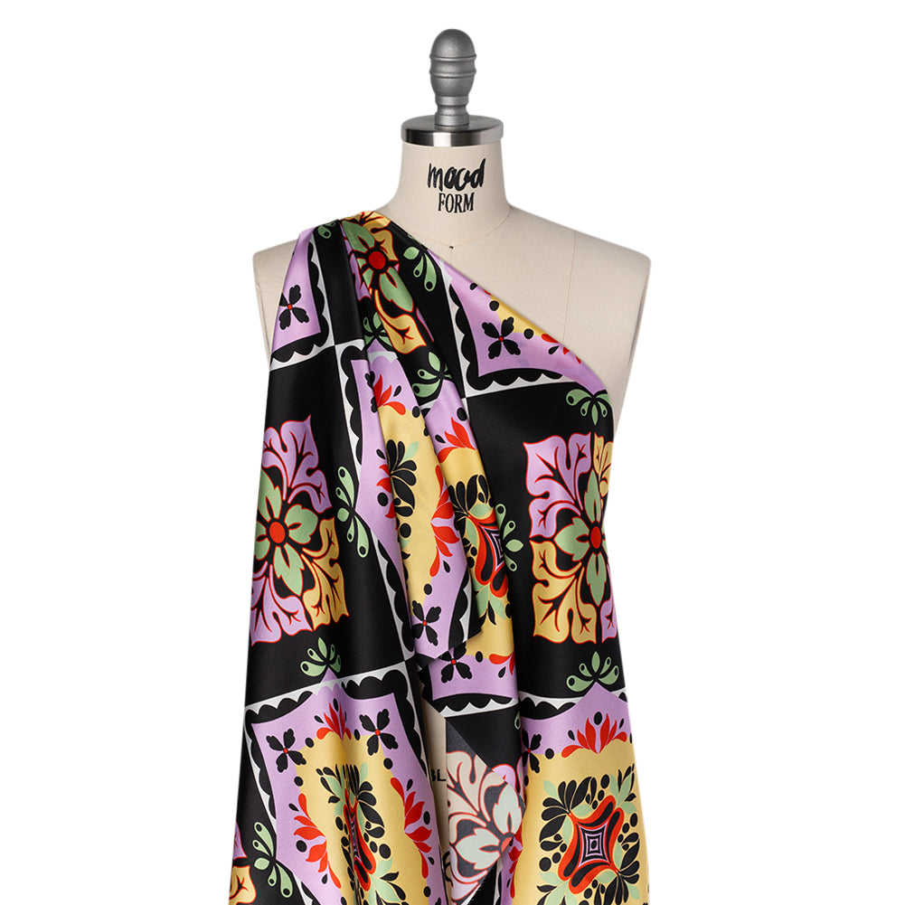 Silk Charmeuse Print 16MM, Made in Italy - Black, Lavender and Pale Yellow Fancy Floral Tiles