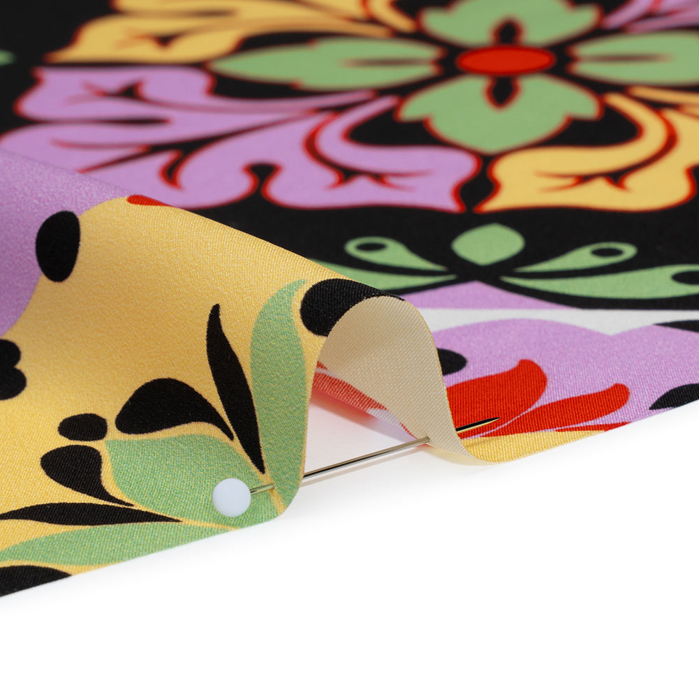 Silk Charmeuse Print 16MM, Made in Italy - Black, Lavender and Pale Yellow Fancy Floral Tiles