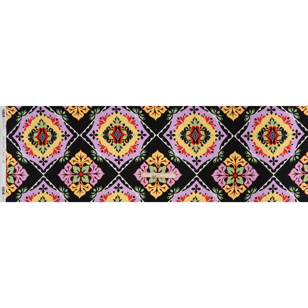 Silk Charmeuse Print 16MM, Made in Italy - Black, Lavender and Pale Yellow Fancy Floral Tiles