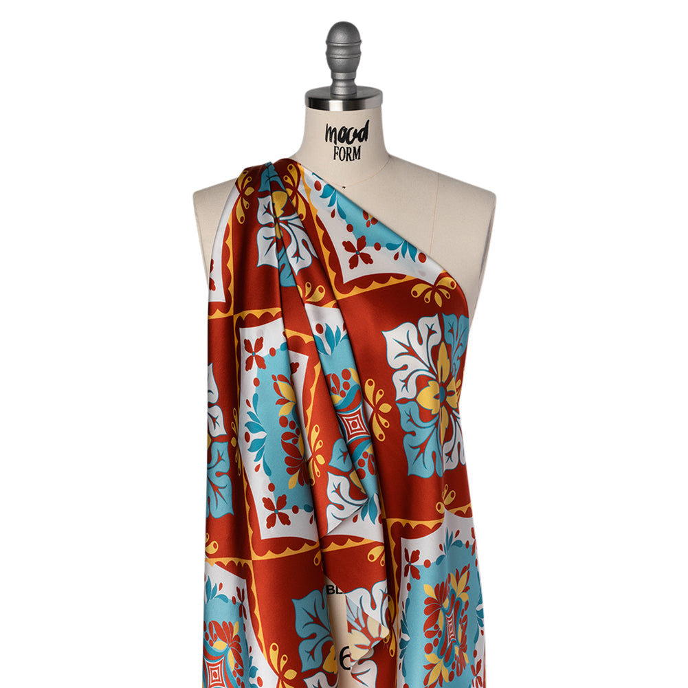Silk Charmeuse Print 16MM, Made in Italy - Turquoise, Rust Red and Golden Yellow Fancy Floral Tiles