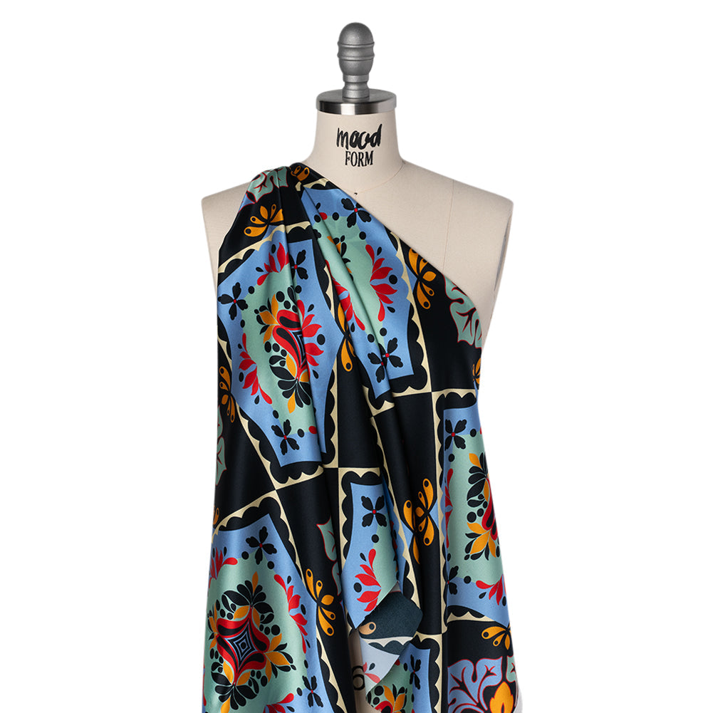 Silk Charmeuse Print 16MM, Made in Italy - Midnight Navy, Mint and Country Blue Fancy Floral Tiles
