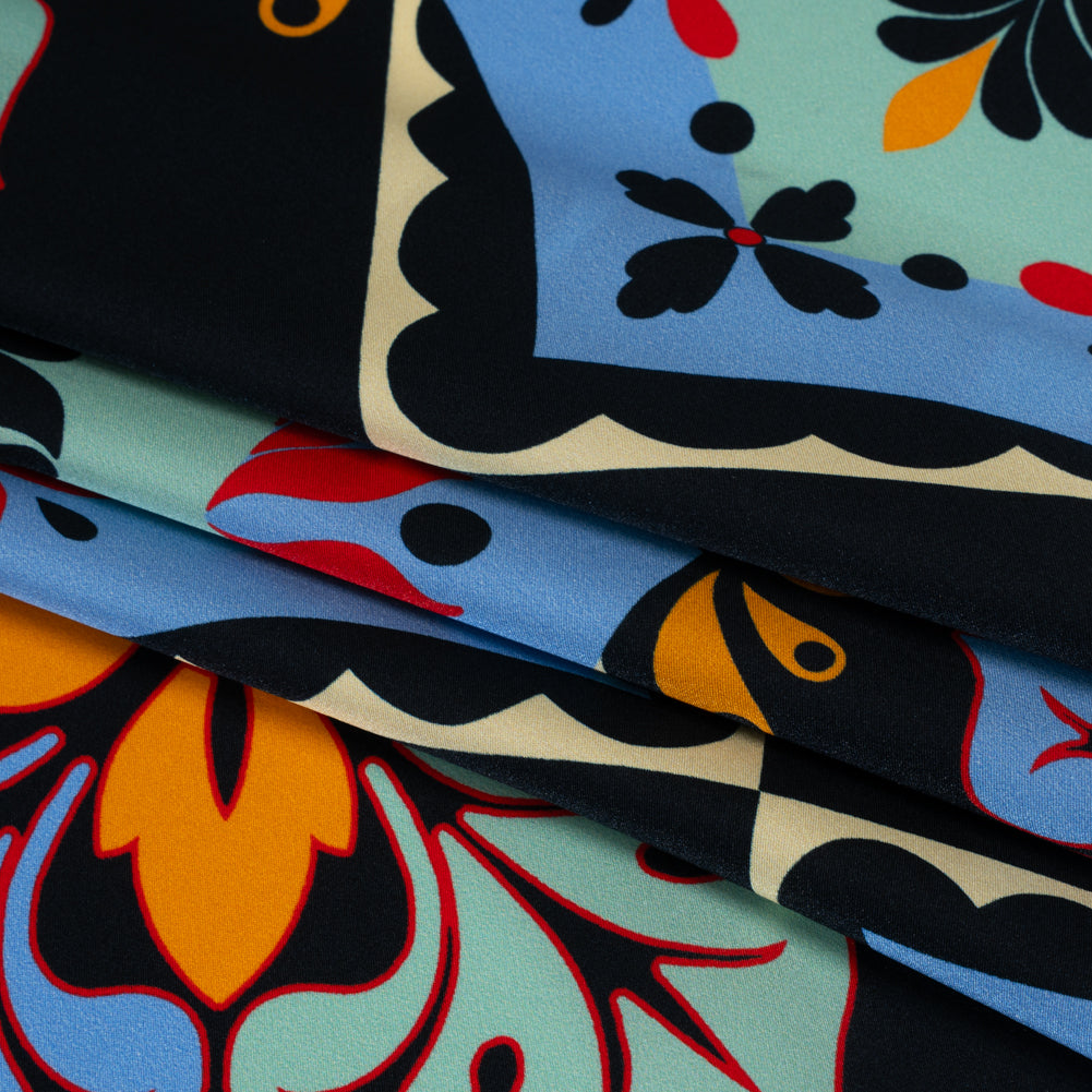 Silk Charmeuse Print 16MM, Made in Italy - Midnight Navy, Mint and Country Blue Fancy Floral Tiles