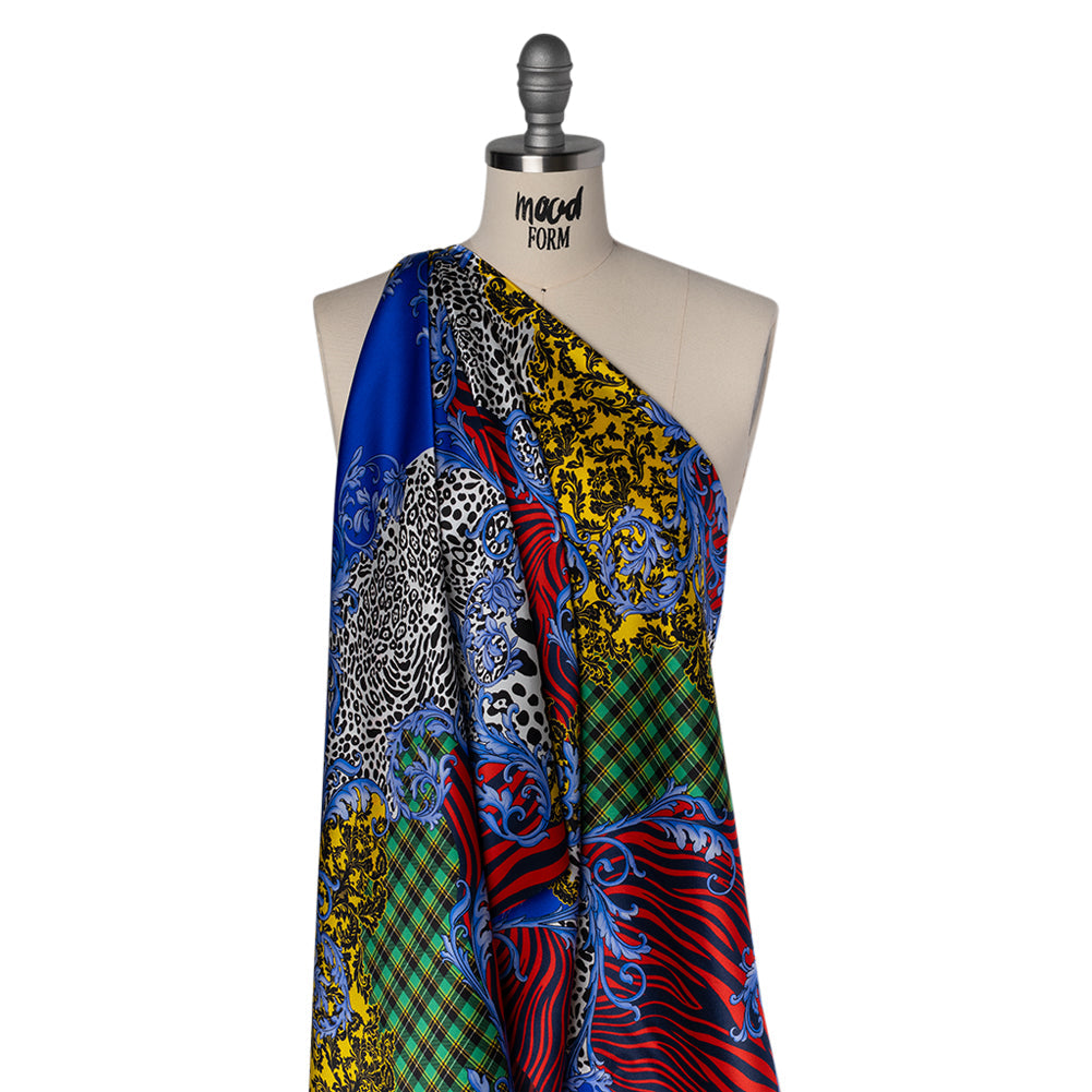 Silk Charmeuse Print 16MM, Made in Italy - Red, Yellow and Blue Floral Scrolls and Patterned Patchwork with Greek Key Border