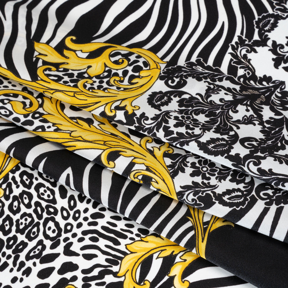 Silk Charmeuse Print 16MM, Made in Italy - Black, White and Yellow Gold Floral Scrolls and Patterned Patchwork with Greek Key Border