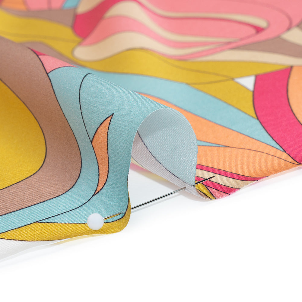 Silk Charmeuse Print 16MM, Made in Italy - Peachy Pink, Sky Blue and Taupe Retro Florals