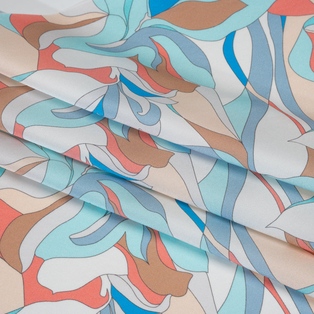 Silk Charmeuse Print 16MM, Made in Italy - Aqua Blue, Tan and Coral Pink Retro Lily Florals
