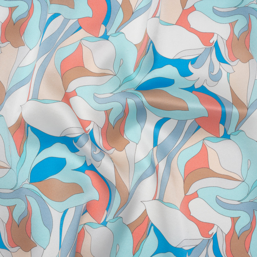 Silk Charmeuse Print 16MM, Made in Italy - Aqua Blue, Tan and Coral Pink Retro Lily Florals