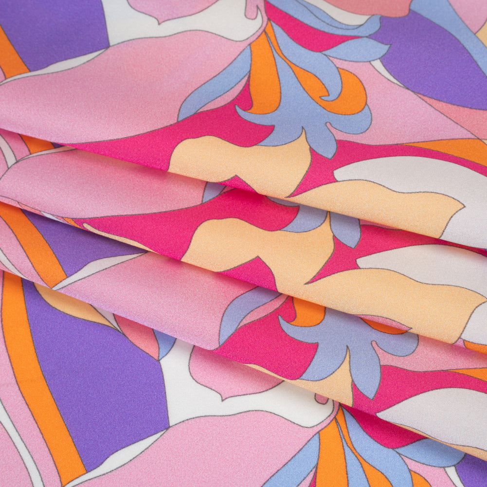 Silk Charmeuse Print 16MM, Made in Italy - Pink, Purple and Pastel Yellow Retro Lily Florals