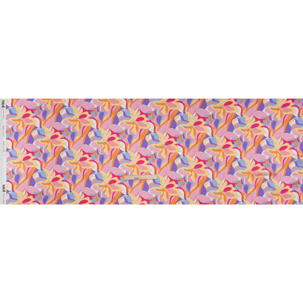 Silk Charmeuse Print 16MM, Made in Italy - Pink, Purple and Pastel Yellow Retro Lily Florals