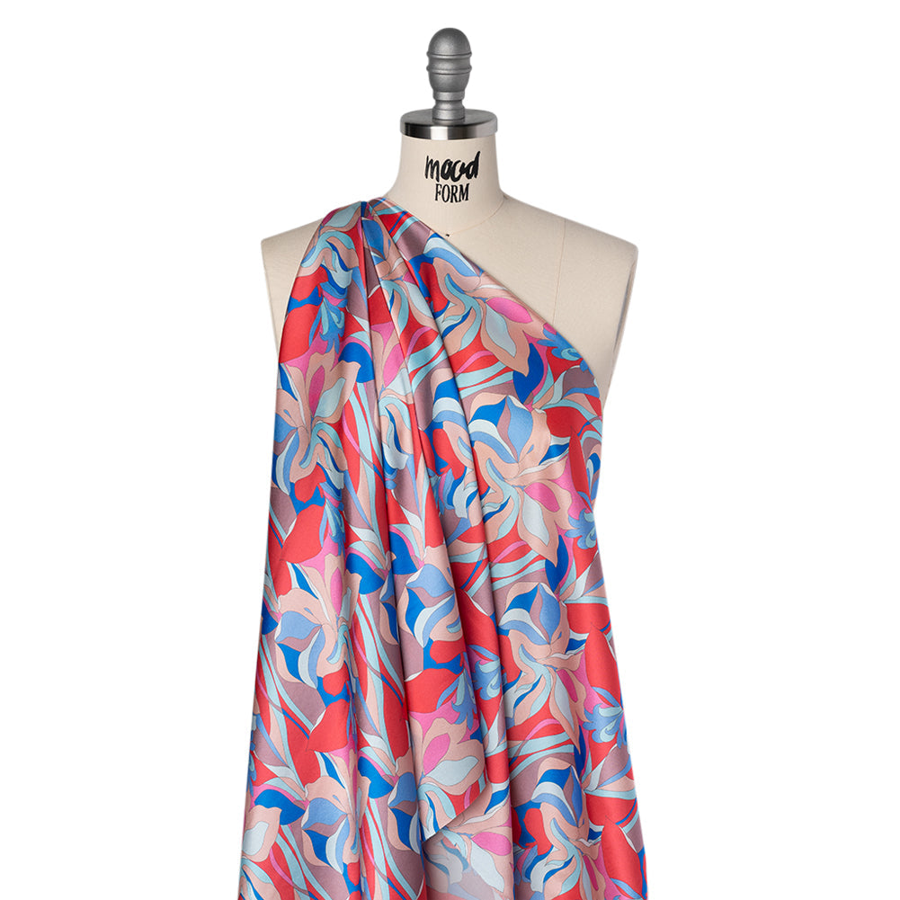 Silk Charmeuse Print 16MM, Made in Italy - Peach, Cobalt Blue and Red Retro Lily Florals