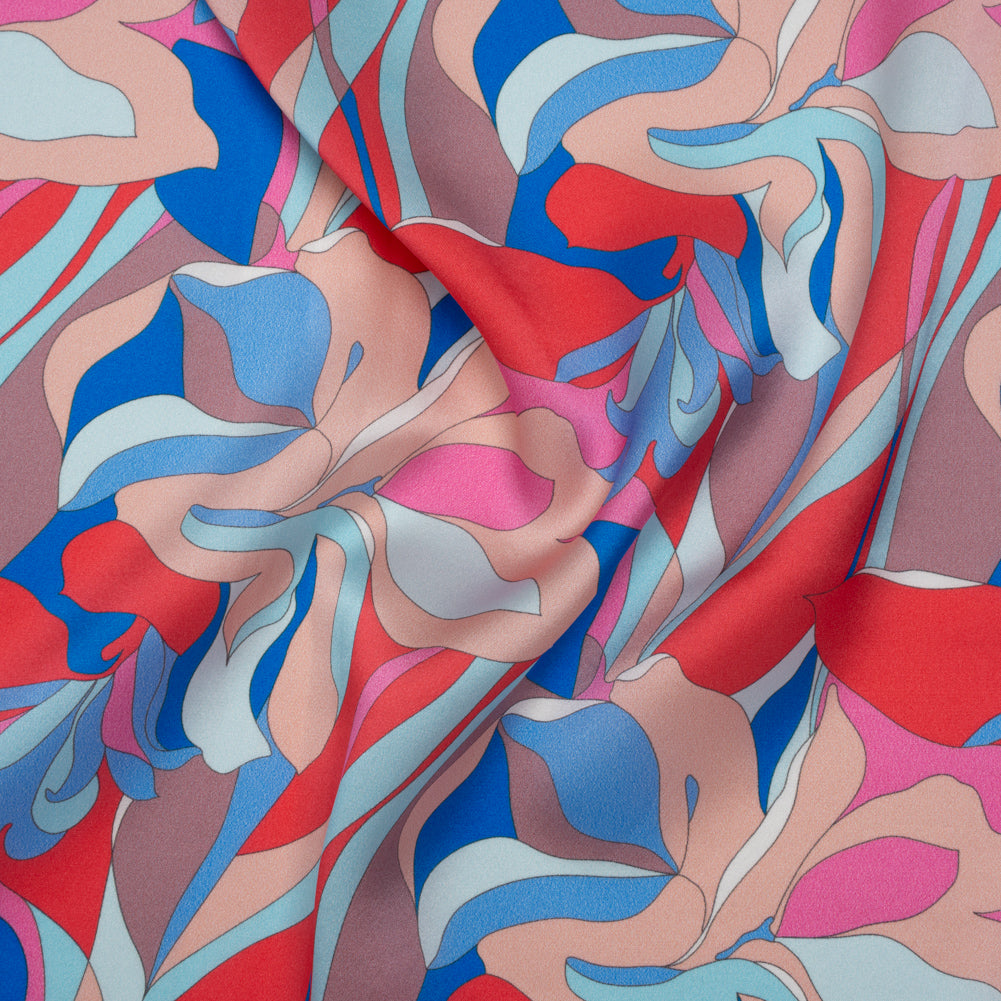 Silk Charmeuse Print 16MM, Made in Italy - Peach, Cobalt Blue and Red Retro Lily Florals