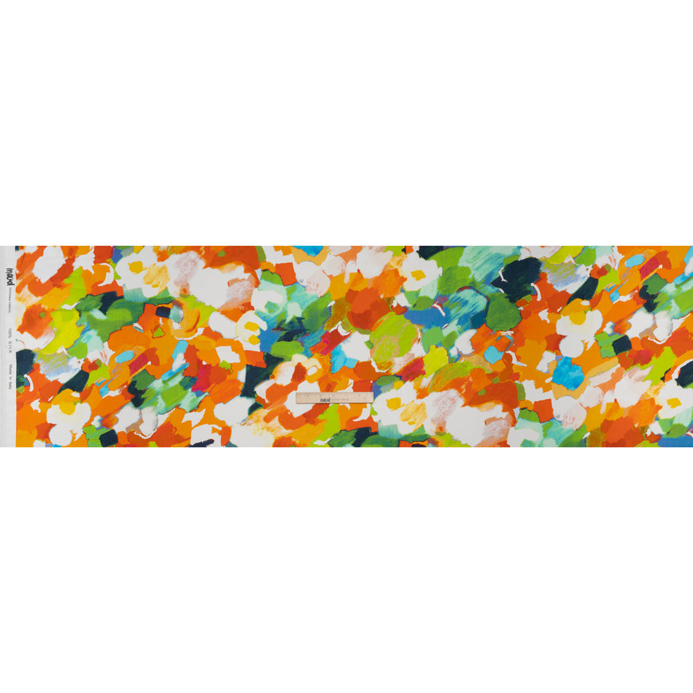 Silk Charmeuse Print 16MM, Made in Italy - Orange, Lime Green and Blue Painterly Abstract