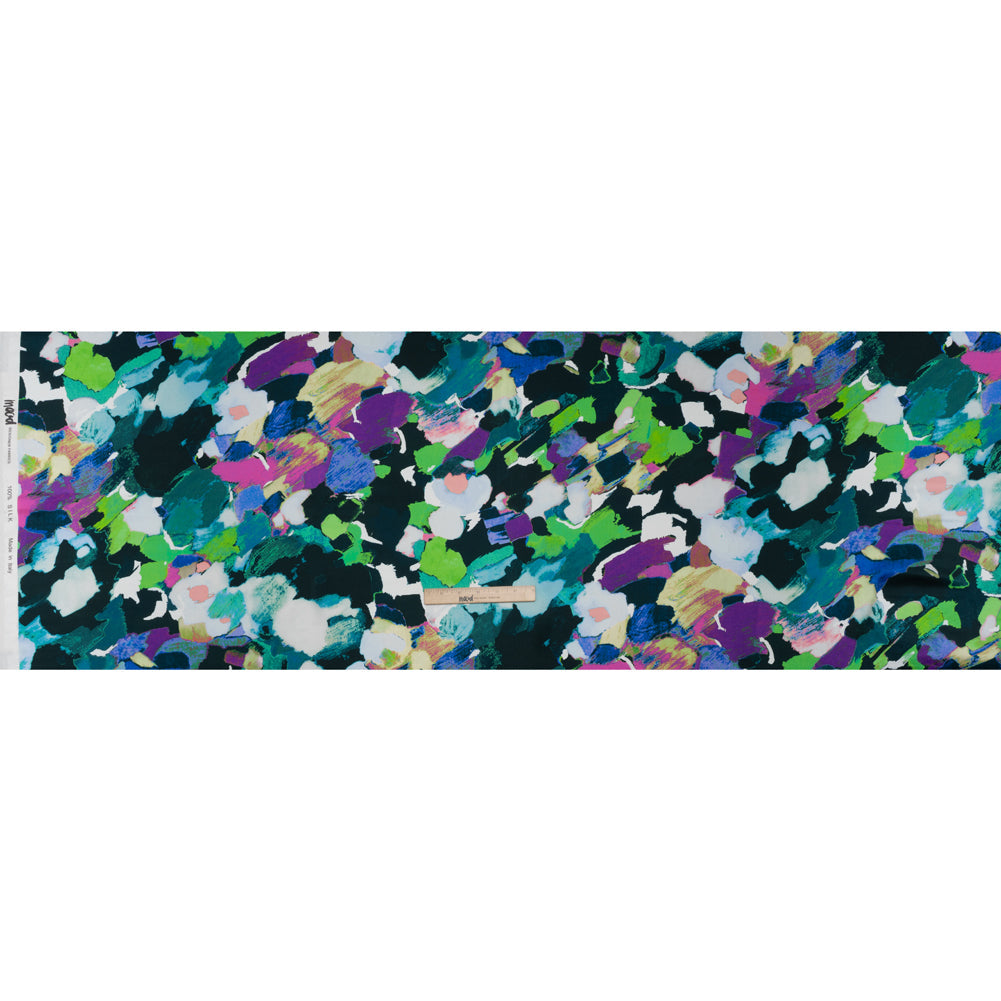 Silk Charmeuse Print 16MM, Made in Italy - Dark Teal, Lime Green and Purple Painterly Abstract
