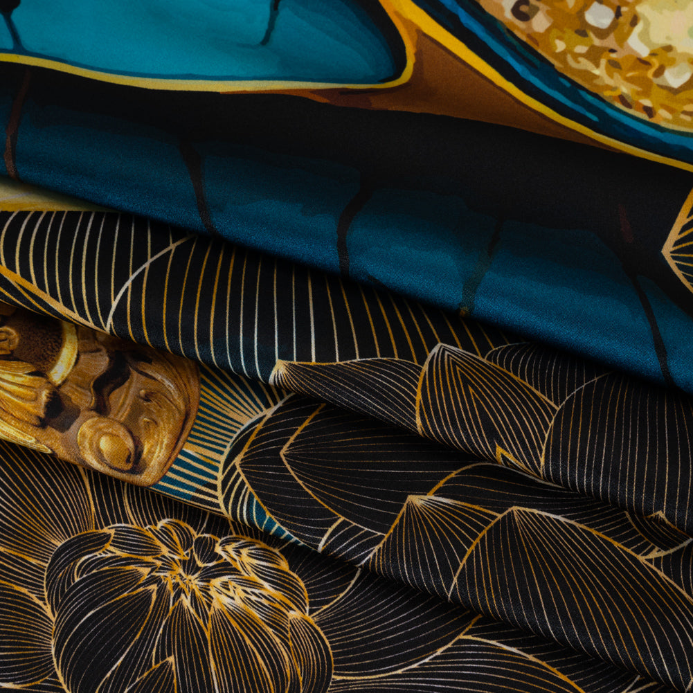 Silk Charmeuse Panel 16MM, Made in Italy - Turquoise, Teal and Gold Linework Flowers and Gemstones