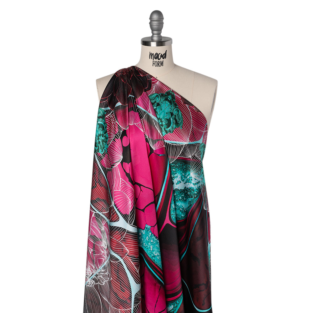 Silk Charmeuse Panel 16MM, Made in Italy - Dark Berry Pink, Coppy Oxide Green and Black Linework Flowers and Gemstones