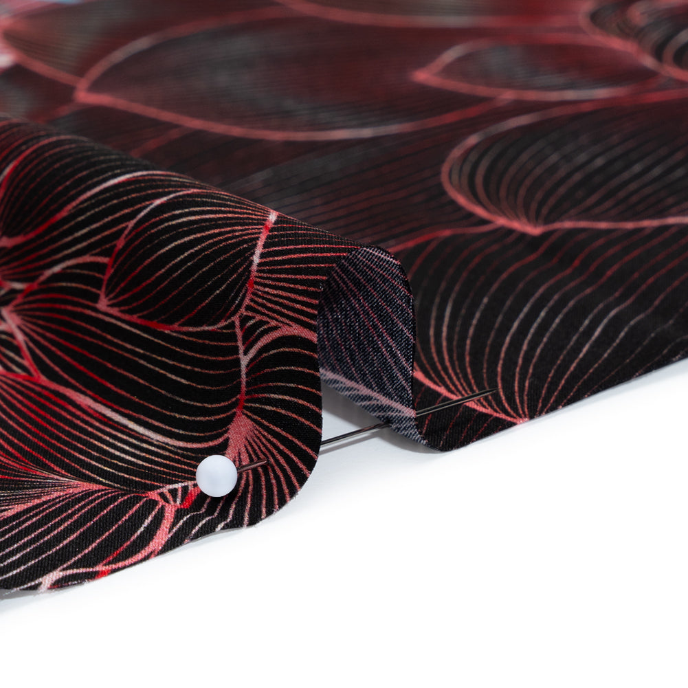 Silk Charmeuse Panel 16MM, Made in Italy - Dark Berry Pink, Coppy Oxide Green and Black Linework Flowers and Gemstones