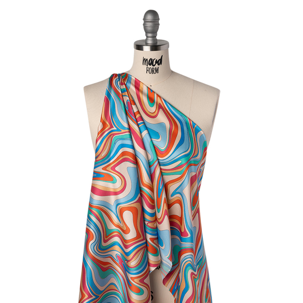Silk Charmeuse Print 16MM, Made in Italy - Blue, Orange and Pink Retro Swirls