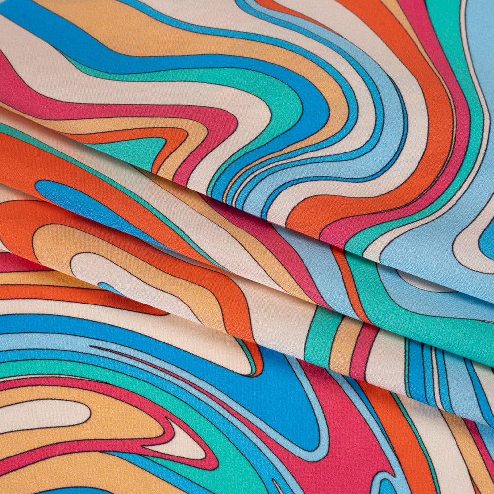 Silk Charmeuse Print 16MM, Made in Italy - Blue, Orange and Pink Retro Swirls