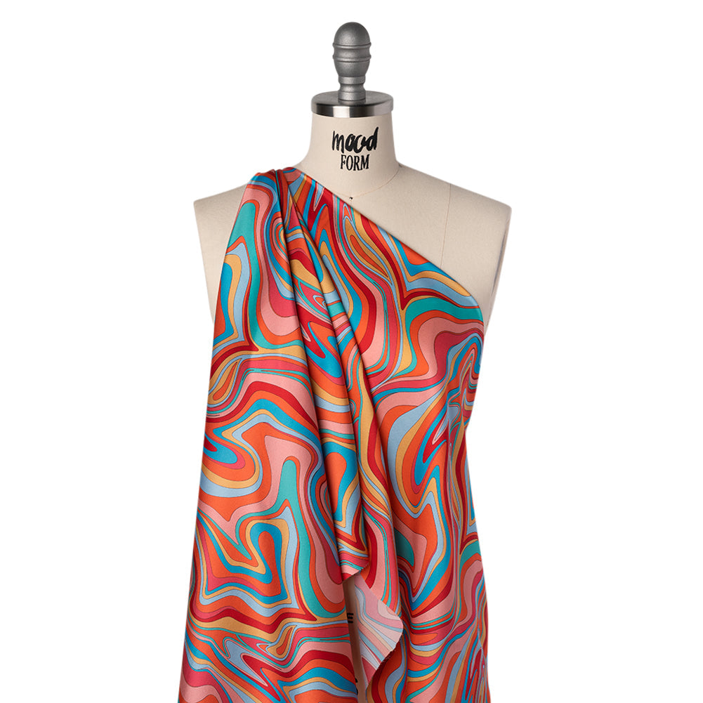 Silk Charmeuse Print 16MM, Made in Italy - Orange, Red and Blue Retro Swirls