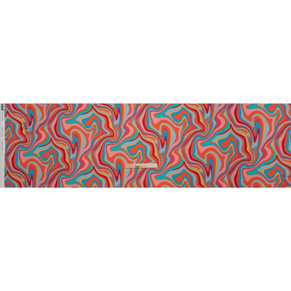 Silk Charmeuse Print 16MM, Made in Italy - Orange, Red and Blue Retro Swirls