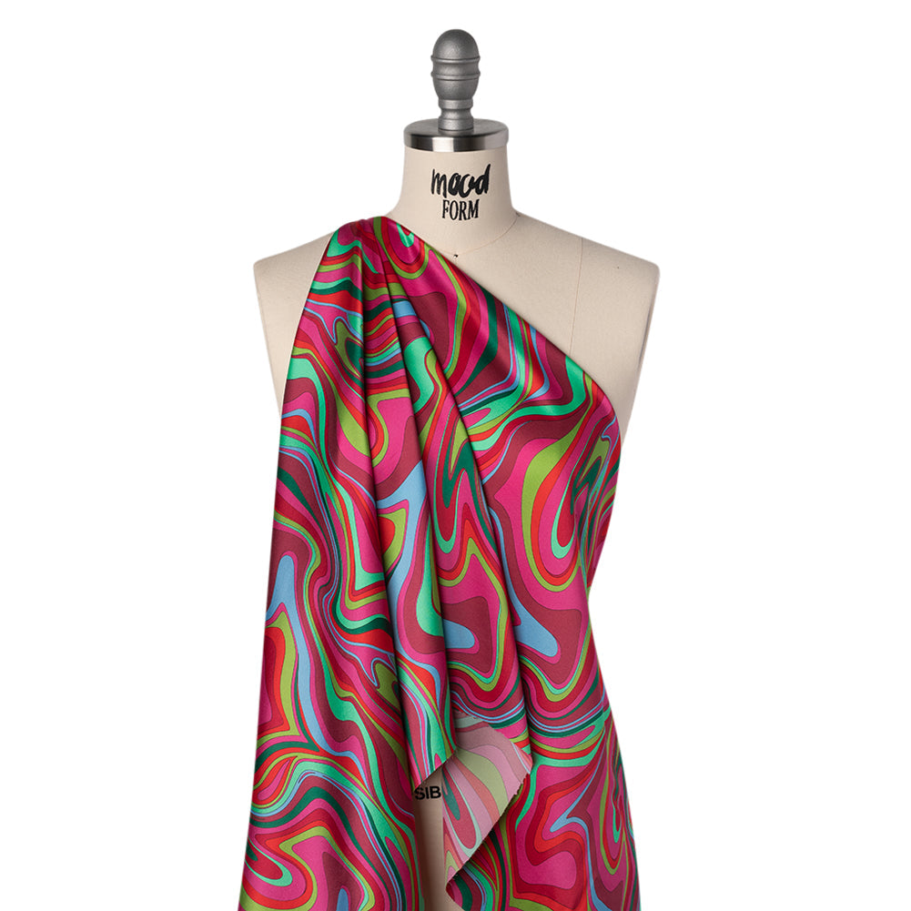 Silk Charmeuse Print 16MM, Made in Italy - Bright Pink, Red and Green Retro Swirls