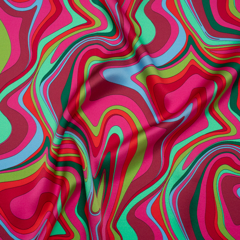 Silk Charmeuse Print 16MM, Made in Italy - Bright Pink, Red and Green Retro Swirls