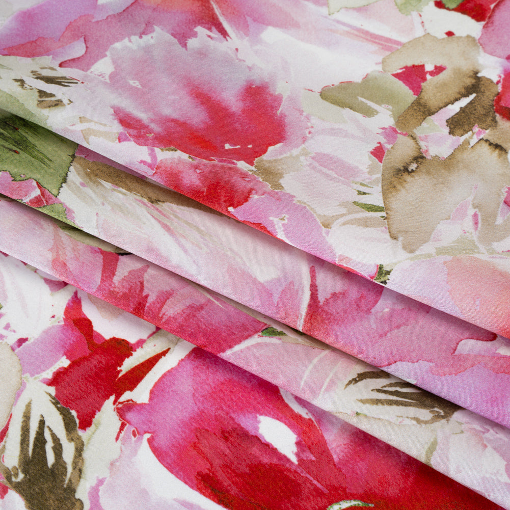Silk Charmeuse Print 16MM, Made in Italy - Red, Pink and Green Watercolor Flower Garden