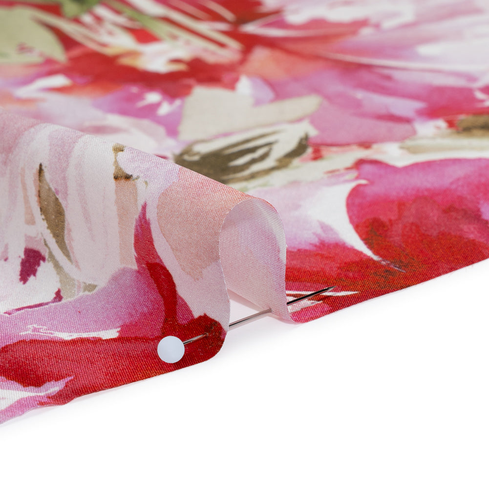 Silk Charmeuse Print 16MM, Made in Italy - Red, Pink and Green Watercolor Flower Garden