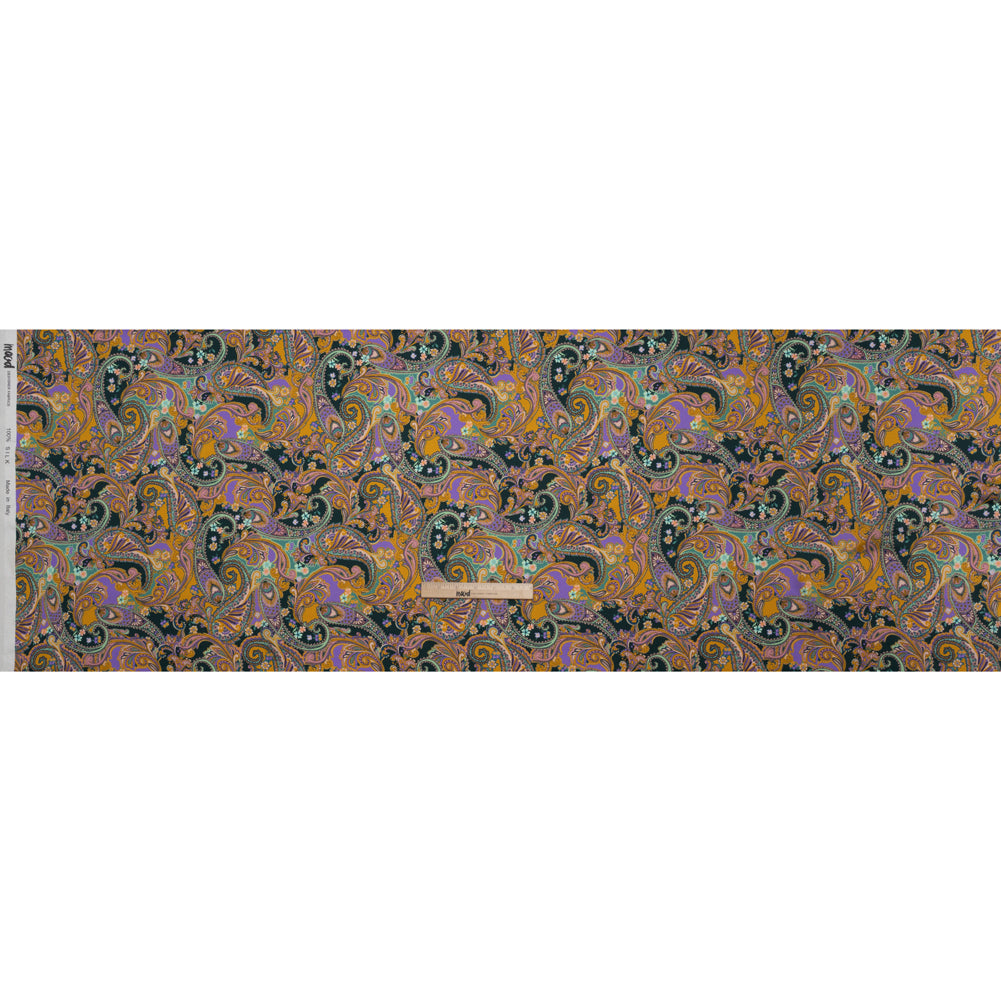 Silk Charmeuse Print 16MM, Made in Italy - Marigold Yellow, Light Purple and Mint Green Fancy Paisley