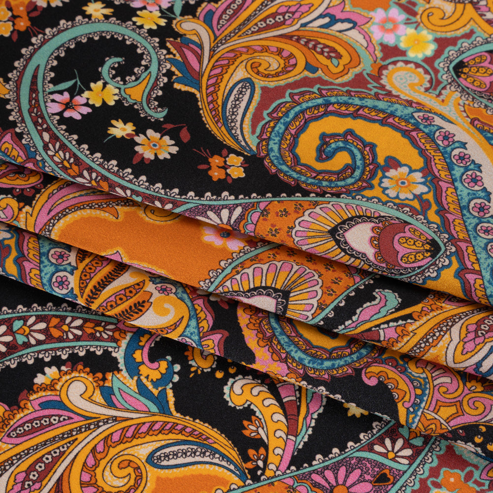 Silk Charmeuse Print 16MM, Made in Italy - Golden Orange, Mint and Black Fancy Paisley