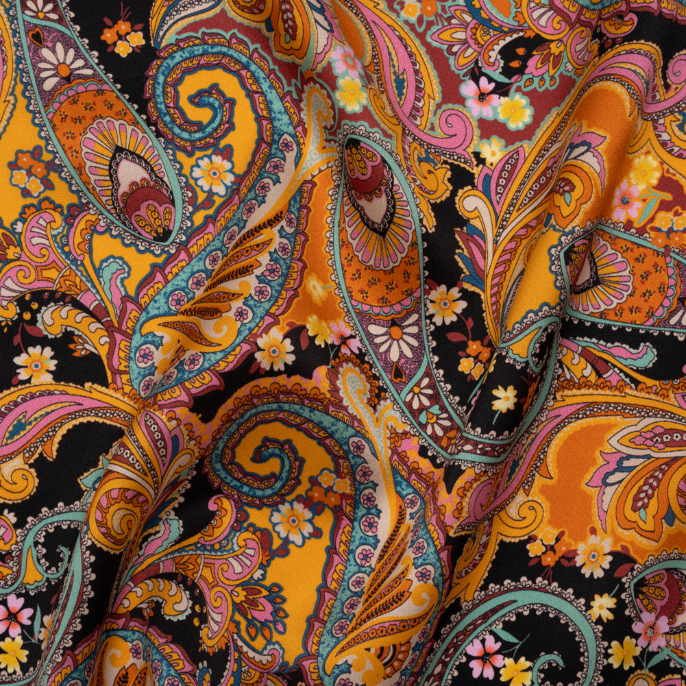 Silk Charmeuse Print 16MM, Made in Italy - Golden Orange, Mint and Black Fancy Paisley