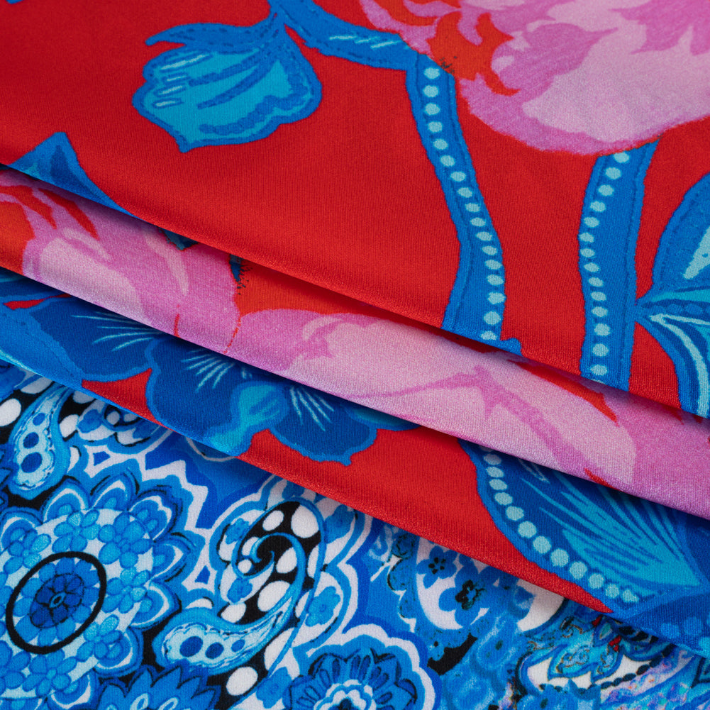 Silk Charmeuse Print 16MM, Made in Italy - Red, Blue and Gold Floral and Abstract Stripes