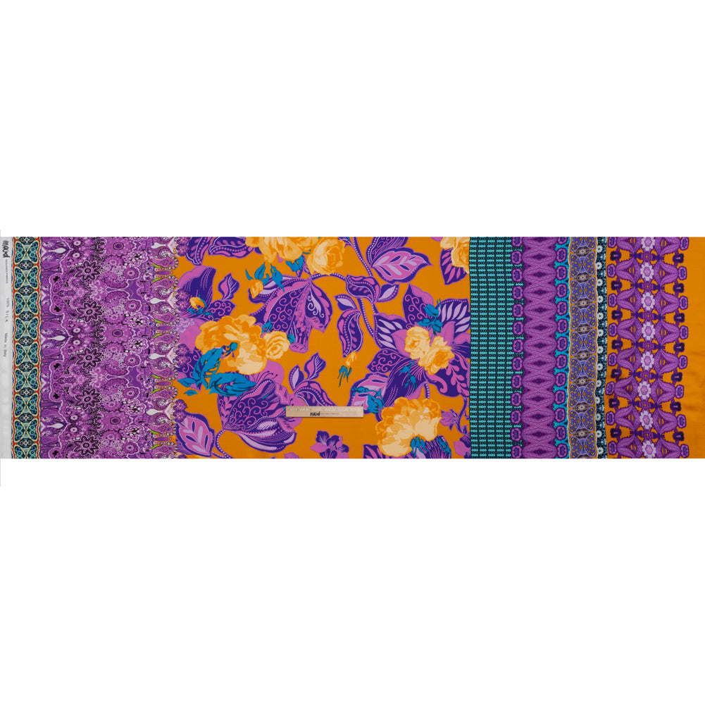 Silk Charmeuse Print 16MM, Made in Italy - Golden Yellow, Purple and Teal Floral and Abstract Stripes