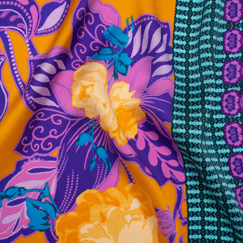 Silk Charmeuse Print 16MM, Made in Italy - Golden Yellow, Purple and Teal Floral and Abstract Stripes