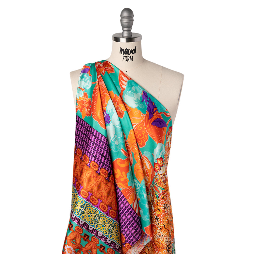 Silk Charmeuse Print 16MM, Made in Italy - Orange, Dark Mint and Purple Floral and Abstract Stripes
