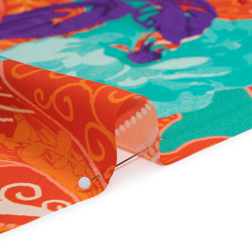 Silk Charmeuse Print 16MM, Made in Italy - Orange, Dark Mint and Purple Floral and Abstract Stripes