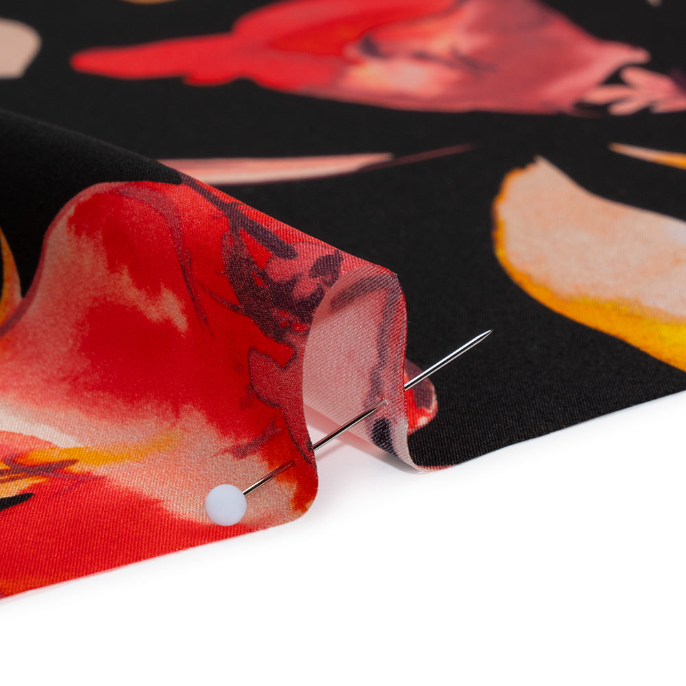 Silk Charmeuse Print 16MM, Made in Italy - Black, Orange and Red Illustrated Watercolor Flowers