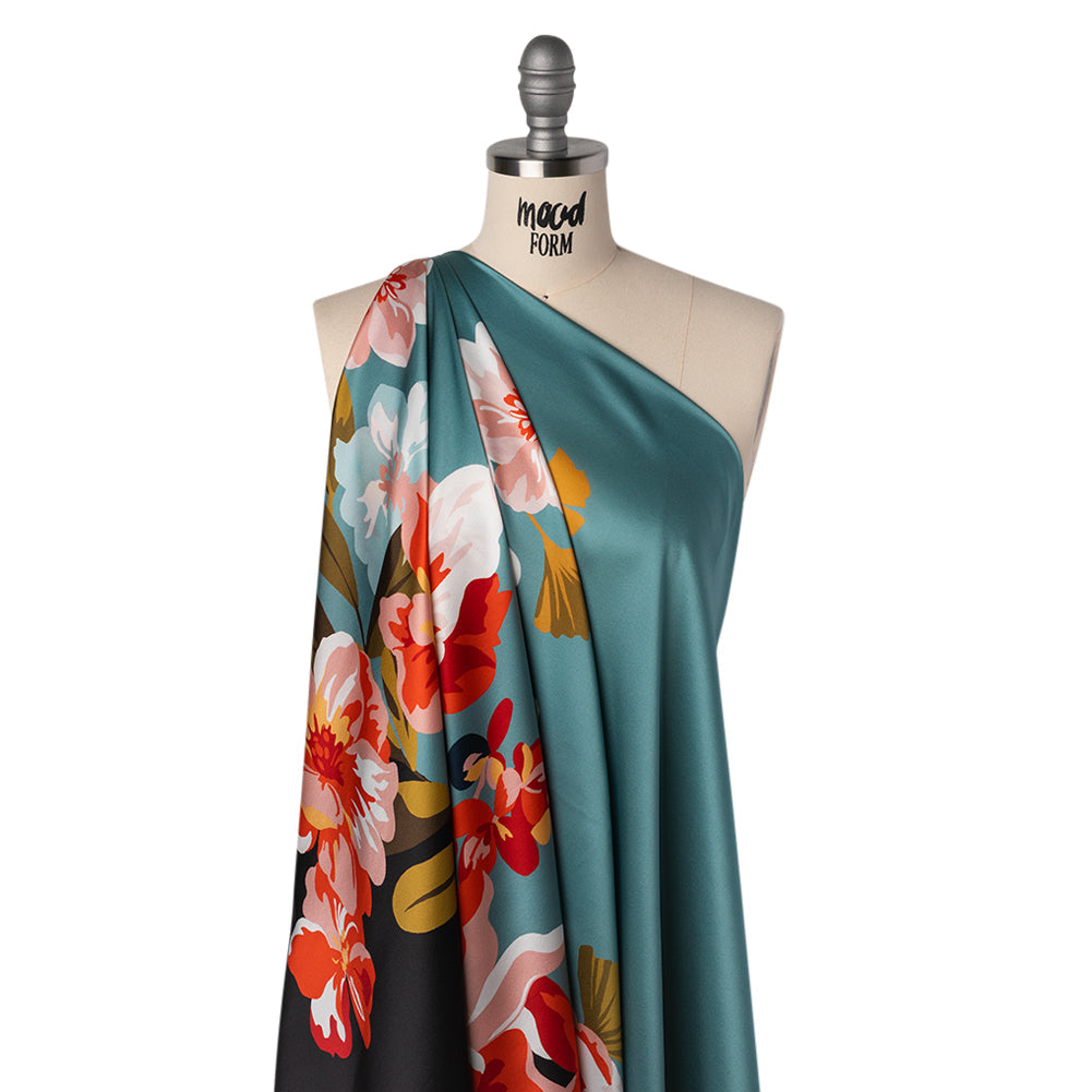 Silk Charmeuse Print 16MM, Made in Italy - Muted Blue, Red and Black Big Floral Border