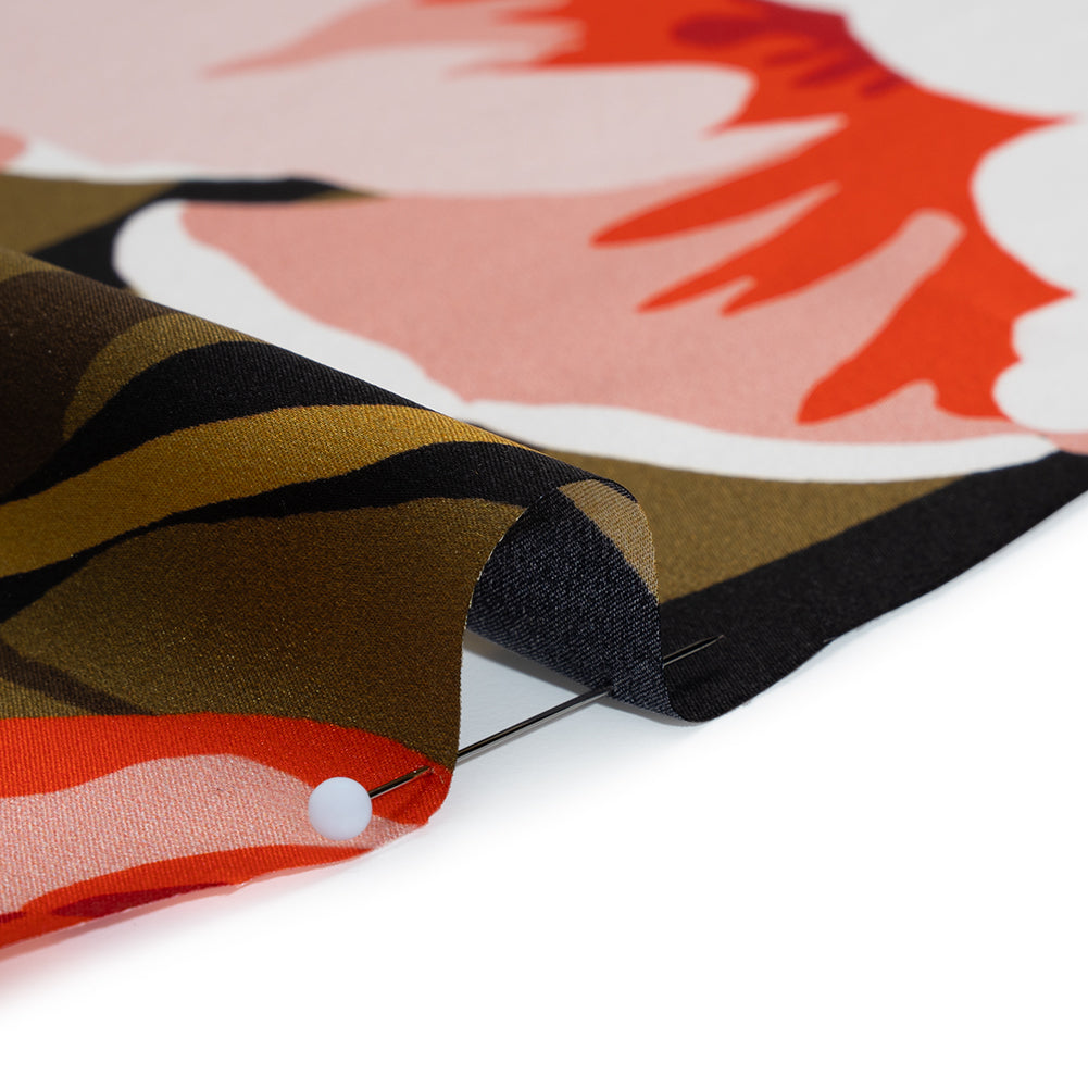 Silk Charmeuse Print 16MM, Made in Italy - Muted Blue, Red and Black Big Floral Border