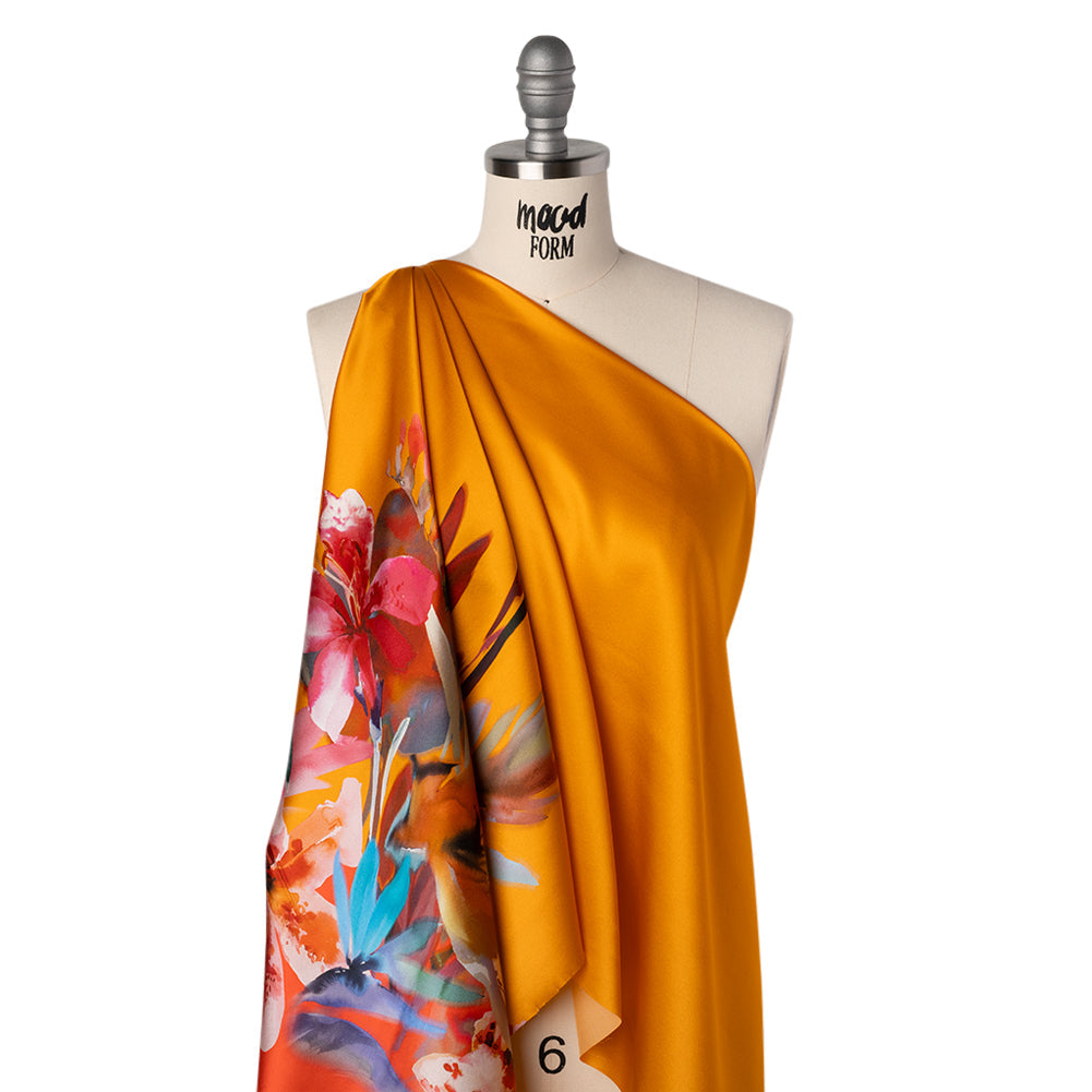 Silk Charmeuse Print 16MM, Made in Italy - Orange, Goldenrod and Multicolor Watercolor Floral Border