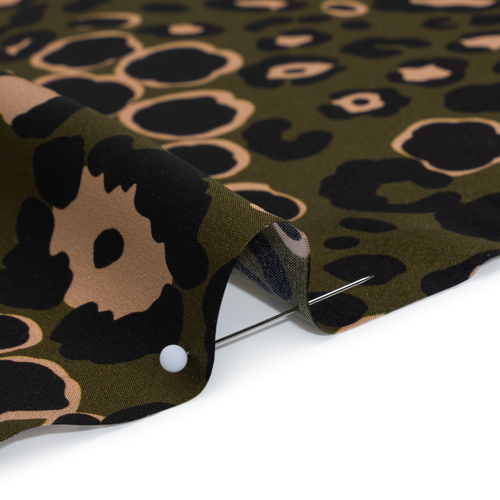 Silk Charmeuse Print 16MM, Made in Italy - Dark Olive Green, Beige and Black Animal Spots